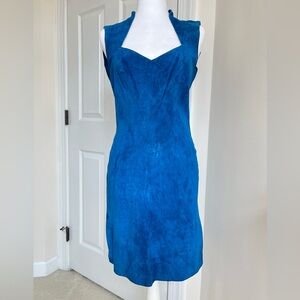 Vintage Firenze 80s Sleeveless Backless Mini Suede Leather Dress Teal Blue S